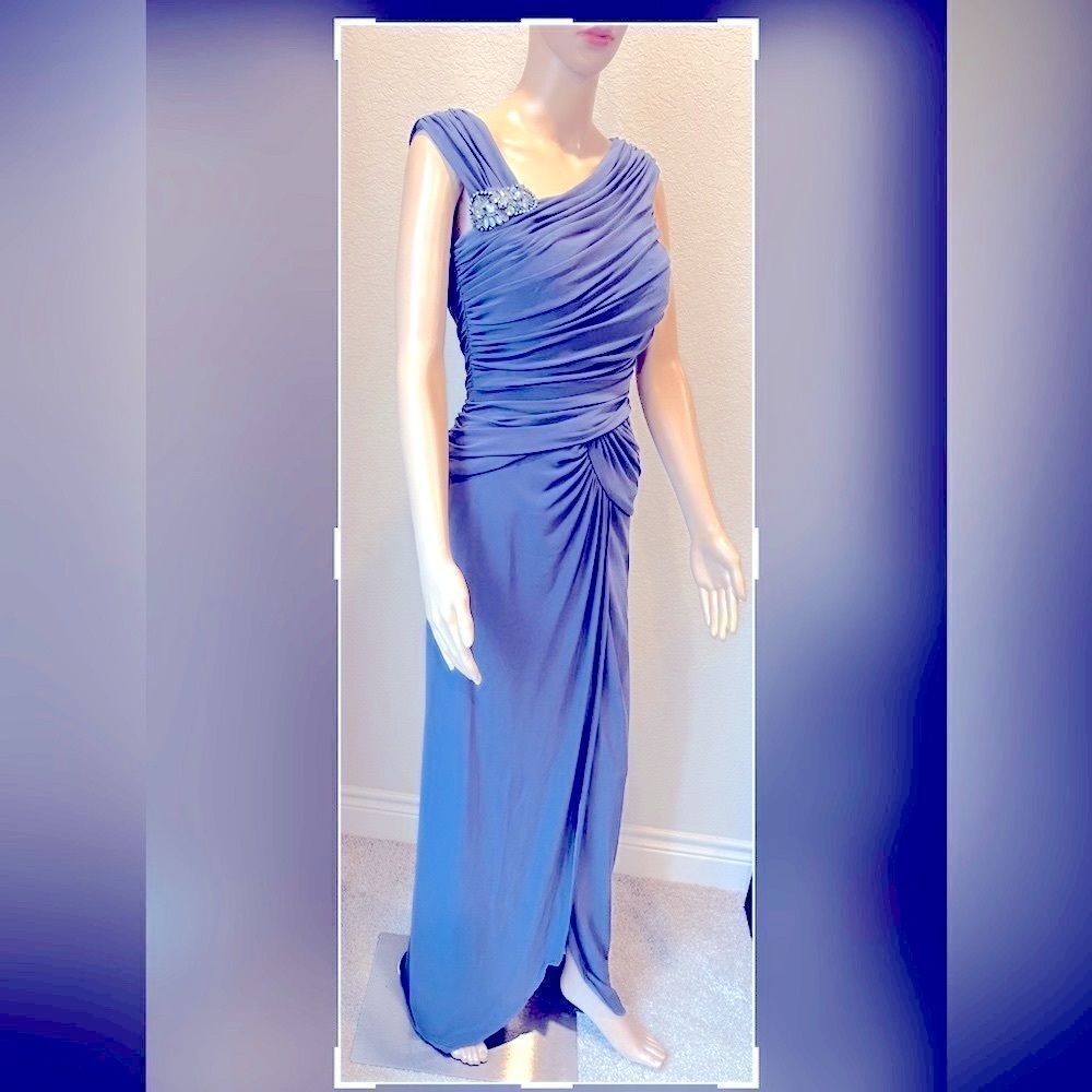 ADRIANNA PAPELL evening grey formal maxi dress w/ front split. - Picture 2 of 8